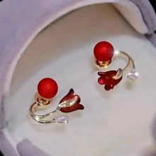 1pc Red Rose Double Band Design Earring, Fashionable And Versatile Earring Stud For Brides