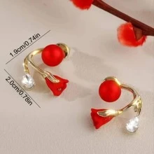1pc Red Rose Double Band Design Earring, Fashionable And Versatile Earring Stud For Brides