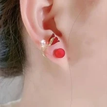 1pc Red Rose Double Band Design Earring, Fashionable And Versatile Earring Stud For Brides