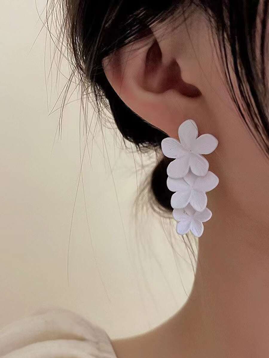 1 đôi bông tai mặt dây chuyền phong cách kỳ nghỉ hoa thanh lịch đơn giản - trắng - Xem 1