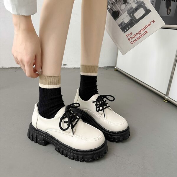 Thick-Sole Shoes With Vintage British Style, Comfortable Black Pu Leather Women's Shoes With High Platform For Summer, College Style Footwear To Match