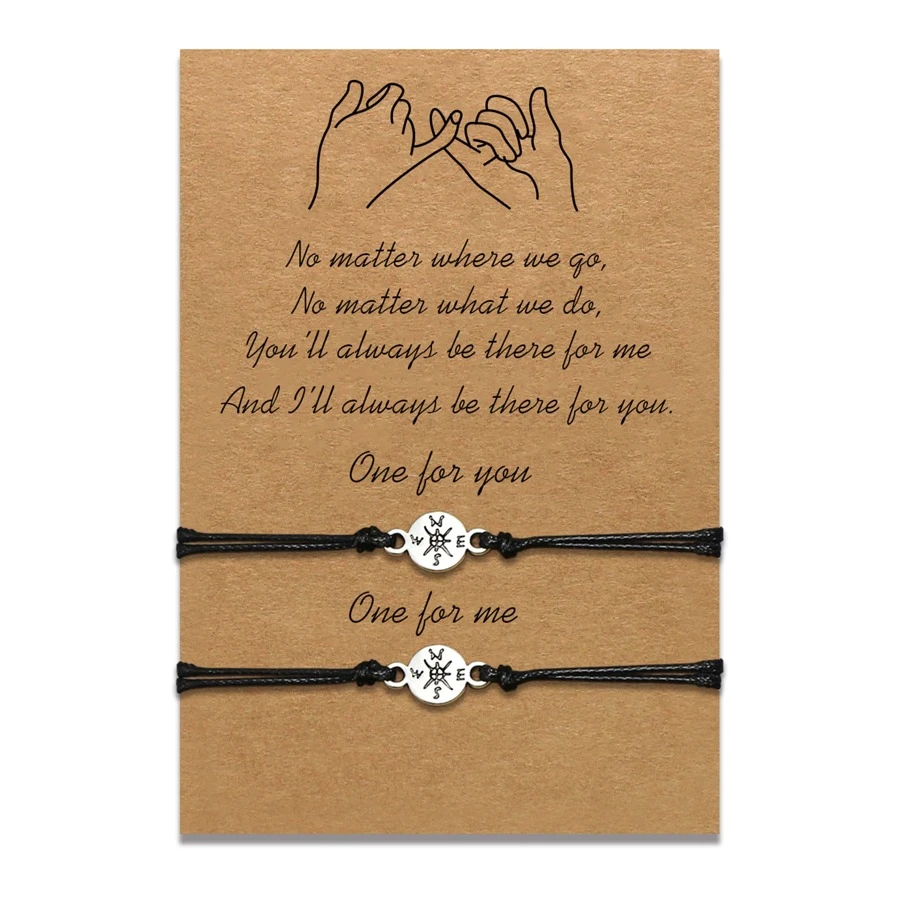 2 piezas/set Brújula en forma de larga distancia colgante ajustable Pulsera para mejores amigos o - Negro - Ver 1