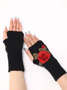 1 Pair Women's Casual Elegant Embroidered Floral Applique Short Knitted Fingerless Gloves, Arm Warmers Suitable For Autumn/Winter, Ballet & Dance Performance Valentine's Day Valentines - Black - View 3