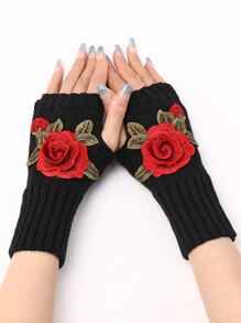 1 Pair Women's Casual Elegant Embroidered Floral Applique Short Knitted Fingerless Gloves, Arm Warmers Suitable For Autumn/Winter, Ballet & Dance Performance Valentine's Day Valentines - Black - View 2