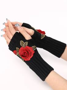 1 Pair Women's Casual Elegant Embroidered Floral Applique Short Knitted Fingerless Gloves, Arm Warmers Suitable For Autumn/Winter, Ballet & Dance Performance Valentine's Day Valentines - Black - View 4