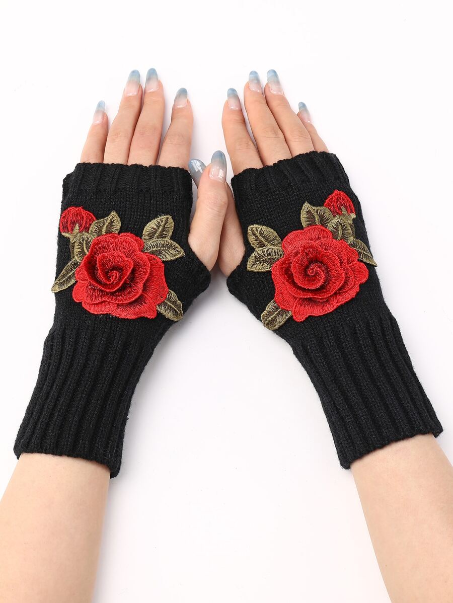 1 Pair Women's Casual Elegant Embroidered Floral Applique Short Knitted Fingerless Gloves, Arm Warmers Suitable For Autumn/Winter, Ballet & Dance Performance Valentine's Day Valentines - Black - View 1