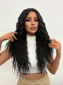 13*5*1 T字型合成高溫futura纖維長毛fluffy Kinky捲黑色花邊前髮女裝日常派對用無痕耐高溫纖維頭髮150%高密度28吋中分款式自然插入髮際高清透明蕾絲假髮&1入假髮帽 - 黑色 - 查看 5