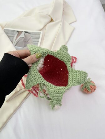 1 件手工彩色针织草莓抽绳斜挎包，时尚可爱草莓钱包