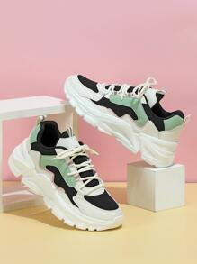 女性透氣撞色繫帶老爹鞋,運動戶外運動鞋 - 彩色 - 查看 1