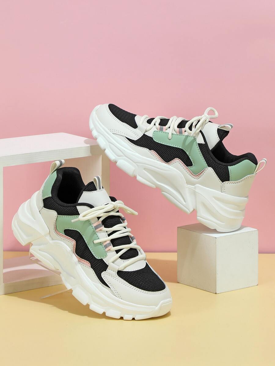 女性透氣撞色繫帶老爹鞋,運動戶外運動鞋 - 彩色 - 查看 1