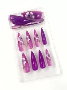 24入組時尚長款尖頭紫色墨水蘭花中式假指甲 - 紫羅蘭色 - 查看 3