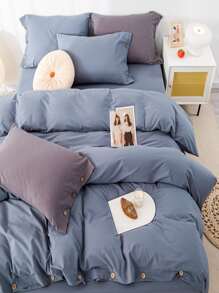 3入組簡約白色鈕扣床上用品套裝（1件套被套和2個枕套） - 藍色 - 查看 2