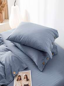 3入組簡約白色鈕扣床上用品套裝（1件套被套和2個枕套） - 藍色 - 查看 5