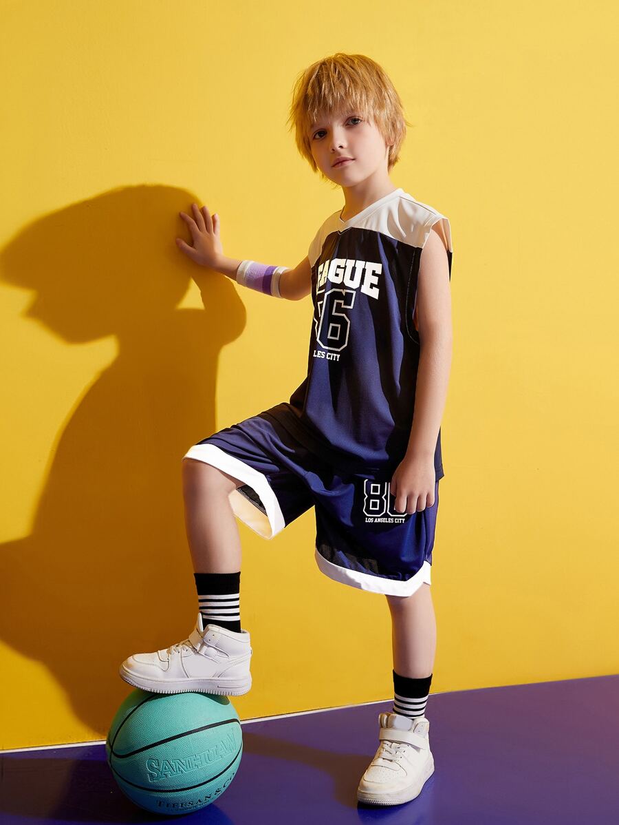 TIGER MINI 男孩字母圖案背心上衣和短褲套裝 - 藏蓝色 - 查看 1