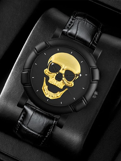 Men's Classic Skull Head Business Style Creative Personality Pu Leather Watch