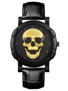 Reloj de piel de PU con diseño de calavera clásico y personalizado, estilo de negocios para hombres - Negro - Ver 3