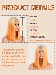 14 吋合成金色橙色鮑伯假髮帶蕾絲女式角色扮演，直鮑伯髮型，中間部分 - 橘色 - 查看 2