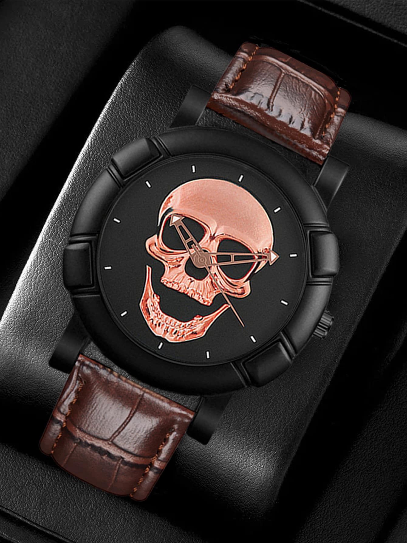 Đồng hồ đeo tay nam cổ điển hình đầu lâu, thiết kế cá nhân hóa, làm bằng da giả, dành cho doanh nhân. - màu nâu - Xem 1