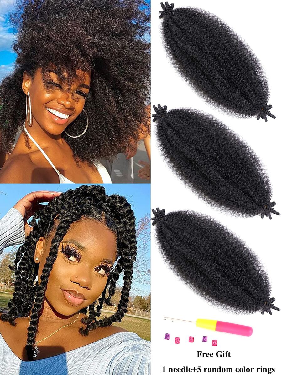 3入組黑色 Pte 分離彈性非洲扭結發，預蓬鬆馬利鉤針編織髮帶 1 針加 5入組環