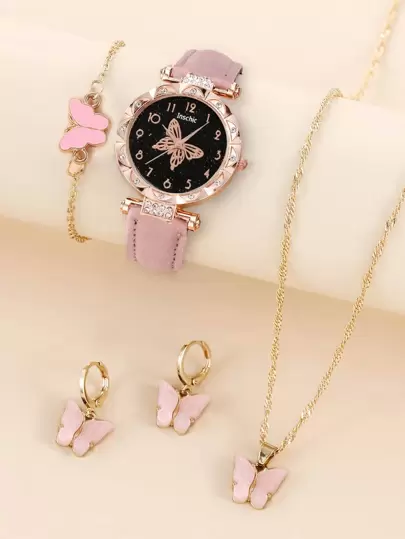 5pcs Genuine Leather Butterfly Shaped Digital Watch, Necklace, Earrings, Bracelet Jewelry Set, Gift For Teenagers