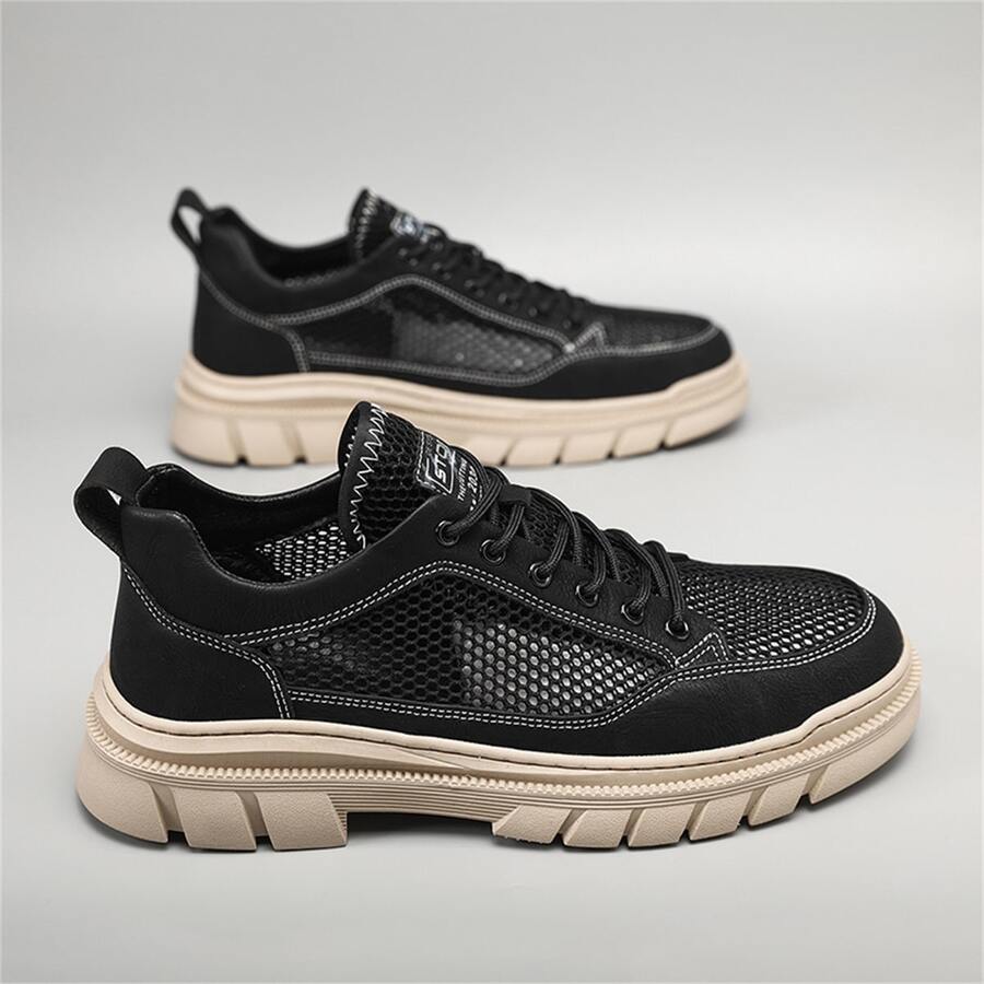 Men Mesh Panel Lace-up Front Dress Shoes, Fashion Shoes - Black - View 1