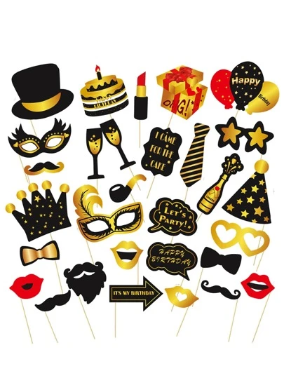 30 Pcs Birthday Photo Booth Props Kit, DIY Funny Black And Happy Birthday Photo Props Set For Her And Him Decorations With Sticks, Birthday Party Supplies For Girl And Boy,Christmas