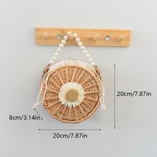 Braided Handbag Rattan Bag Ladies Faux Pearl Handle Flower Fresh And Simple Wicker Basket Tote Bag Simple Fashion Rectangular Bag - Beige - View 2