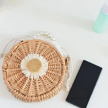 Braided Handbag Rattan Bag Ladies Faux Pearl Handle Flower Fresh And Simple Wicker Basket Tote Bag Simple Fashion Rectangular Bag - Beige - View 4