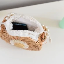 Braided Handbag Rattan Bag Ladies Faux Pearl Handle Flower Fresh And Simple Wicker Basket Tote Bag Simple Fashion Rectangular Bag - Beige - View 6