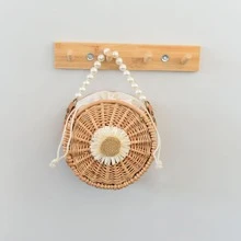 Braided Handbag Rattan Bag Ladies Faux Pearl Handle Flower Fresh And Simple Wicker Basket Tote Bag Simple Fashion Rectangular Bag - Beige - View 1