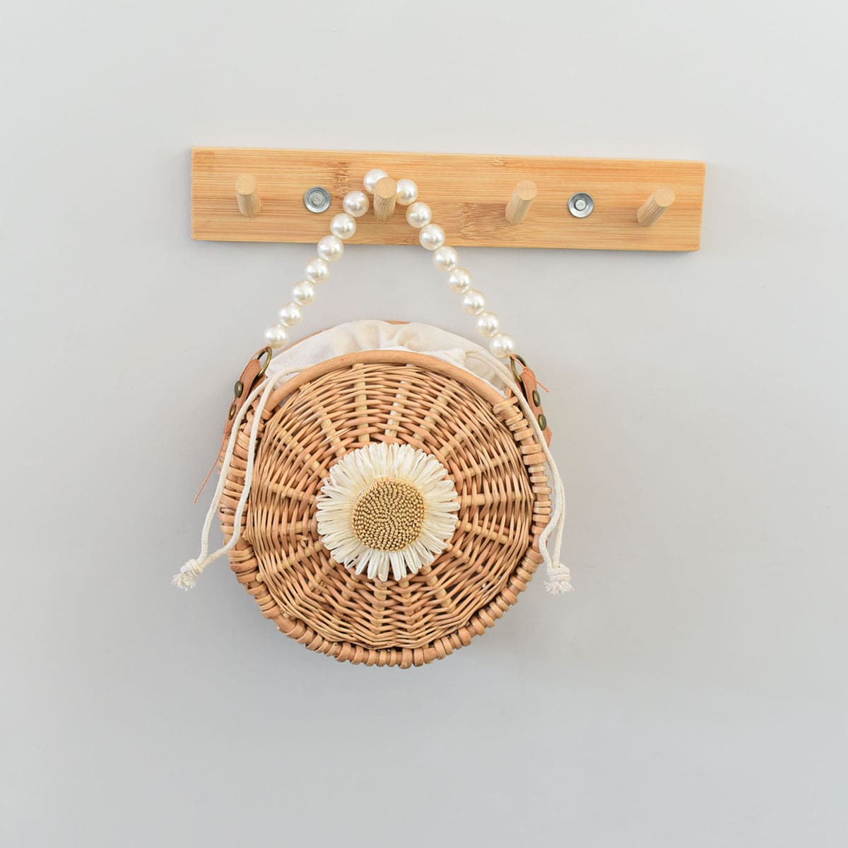 Braided Handbag Rattan Bag Ladies Faux Pearl Handle Flower Fresh And Simple Wicker Basket Tote Bag Simple Fashion Rectangular Bag - Beige - View 1