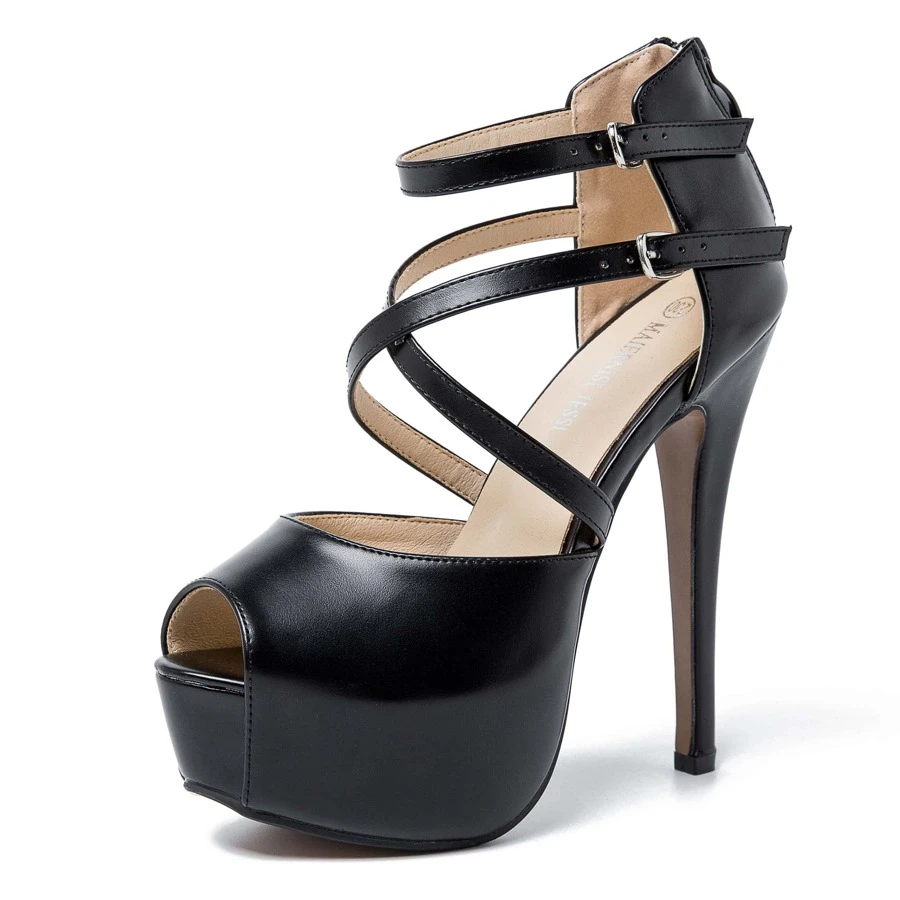 Women's Ankle Cross Strap Sandals Platform Stiletto Dress Zip - Black - View 1