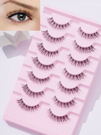 7對/組自然交叉款式透明干莖假睫毛，D捲狀態，增長眼尾5-13mm