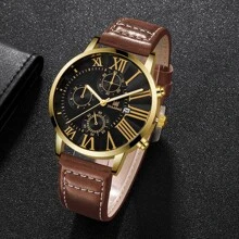 SHAARMS 1pc Brown PU Polyurethane Strap Business Date Round Dial Quartz Watch, For Daily Life - Brown - View 4