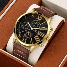 SHAARMS 1pc Brown PU Polyurethane Strap Business Date Round Dial Quartz Watch, For Daily Life - Brown - View 1