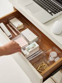 1 set Caja de almacenamiento de cajón transparente con accesorios de escritorio incorporados, caja de clasificación y almacenamiento de libros y artículos pequeños para oficina o dormitorio, se puede apilar con divisores, decoración de habitación, decoración del hogar, decoración de otoño, decoración de dormitorio - transparente - Ver 5