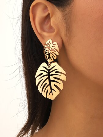 1pair Metallic Leaf-shaped Pendant Clip-on Earrings For Women, Vintage Style & Large Size