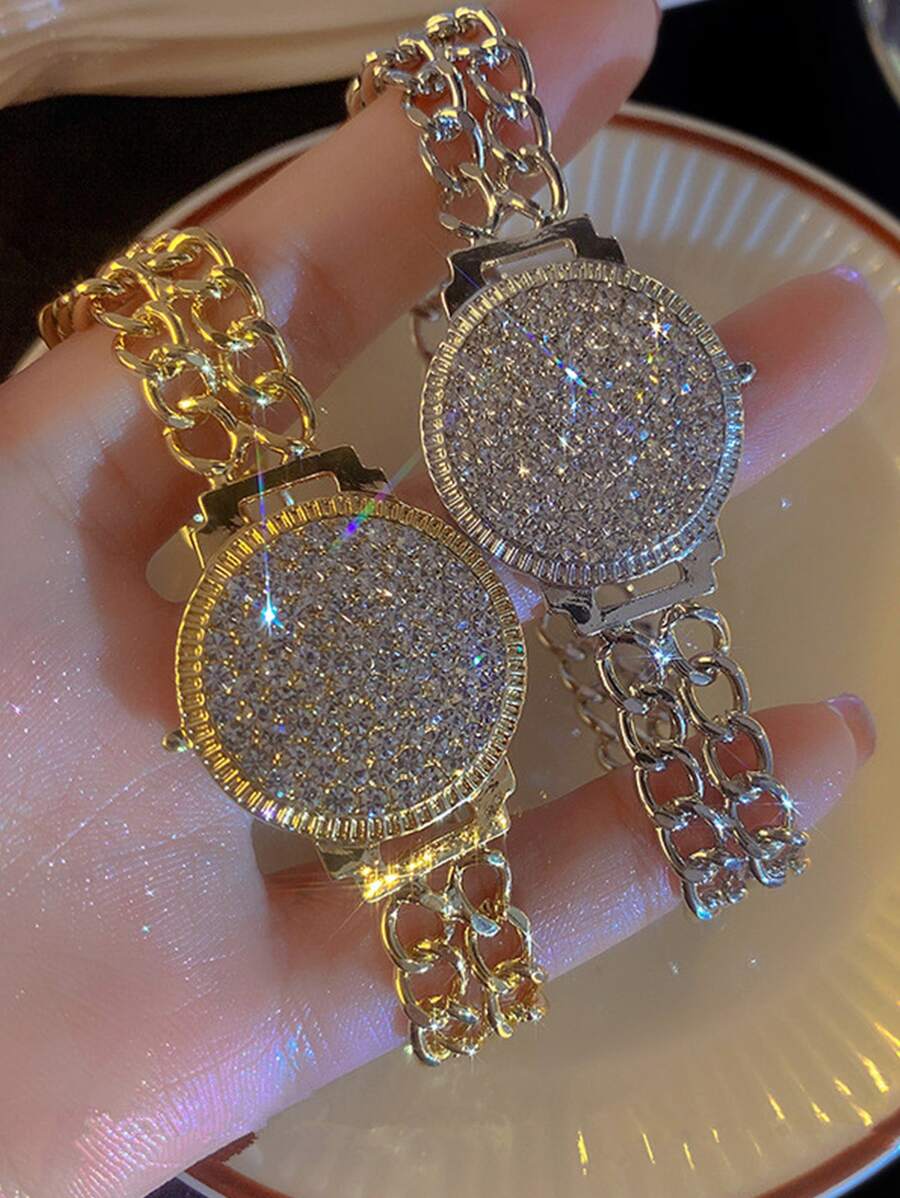 1件水晶表盘手链,女士闪亮水晶镀金手链,派对珠宝礼品,奢华高品质 - 銀色 - 查看 1