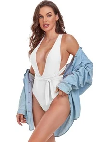 1 件深 V 領露背泳衣(附腰帶) - 白色 - 查看 2