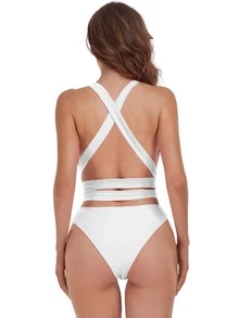 1 件深 V 領露背泳衣(附腰帶) - 白色 - 查看 7