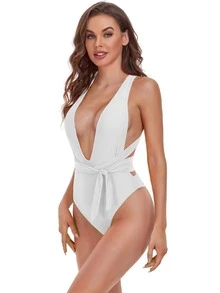 1 件深 V 領露背泳衣(附腰帶) - 白色 - 查看 4