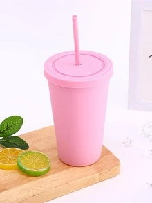 Cốc cà phê bằng nhựa hai lớp có ống hút, Bề mặt mờ, Bình nước thể thao di động, Màu kẹo - Hồng - Xem 5