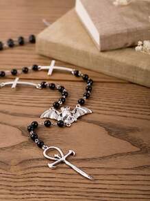 哥特式蝙蝠和法老十字串珠項鍊 - 復古銀色 - 查看 5