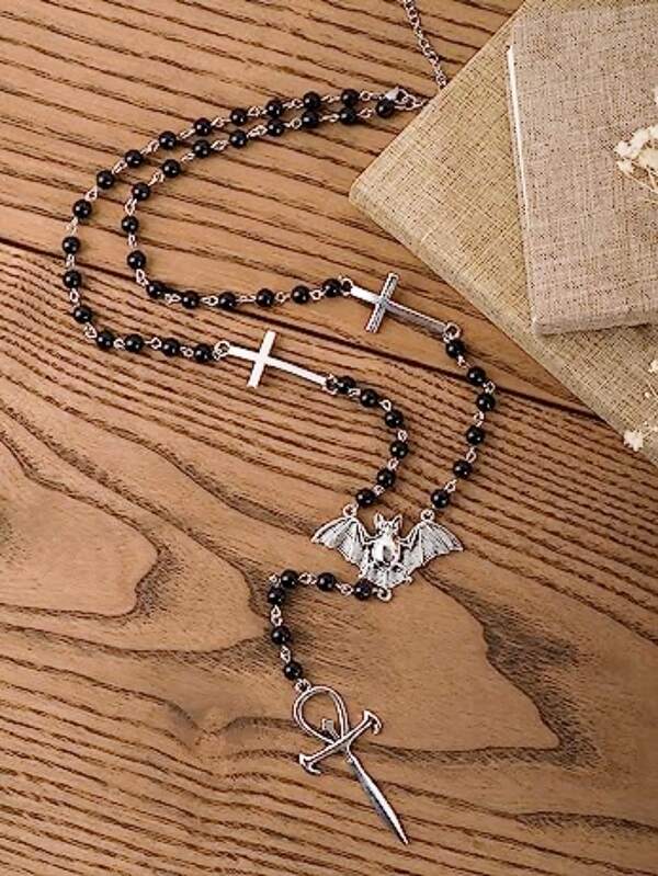 Gothic Bat & Pharaonic Cross Beaded Necklace