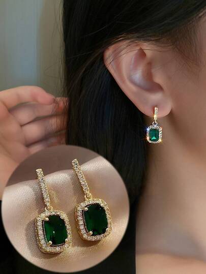 topshiny Green Cubic Zirconia Geometric Square Shaped Earrings, Dainty & Minimalist Style, Cold & Elegant Wind