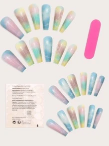 24pcs Long Coffin Colorblock Fake Nail & 1pc Nail File & 1sheet Nail Tape - Multicolor - View 2