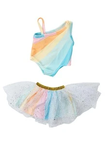 2PCS 16-18 Inch Reborn Doll Clothes Set, Universal 43CM Large Doll Rainbow Striped Off-Shoulder Puff Dress Outfit Doll Accessories (Doll Not Included) Children's Fun Matching Doll Doll Clothes Holiday Gift - White - View 1