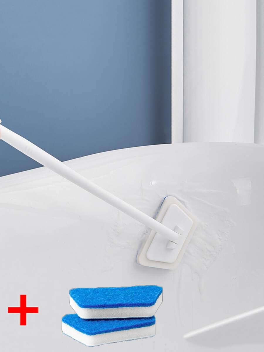 1 Phòng Tắm Tay Cầm Dài Bọt Biển Bàn Chải Cọ Rửa Tường, Ngói, Bàn Chải Sàn Với 3 Đầu Bọt Biển - trắng - Xem 1