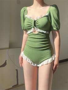 褶邊褶邊前鏤空連體泳衣 - 綠色 - 查看 2