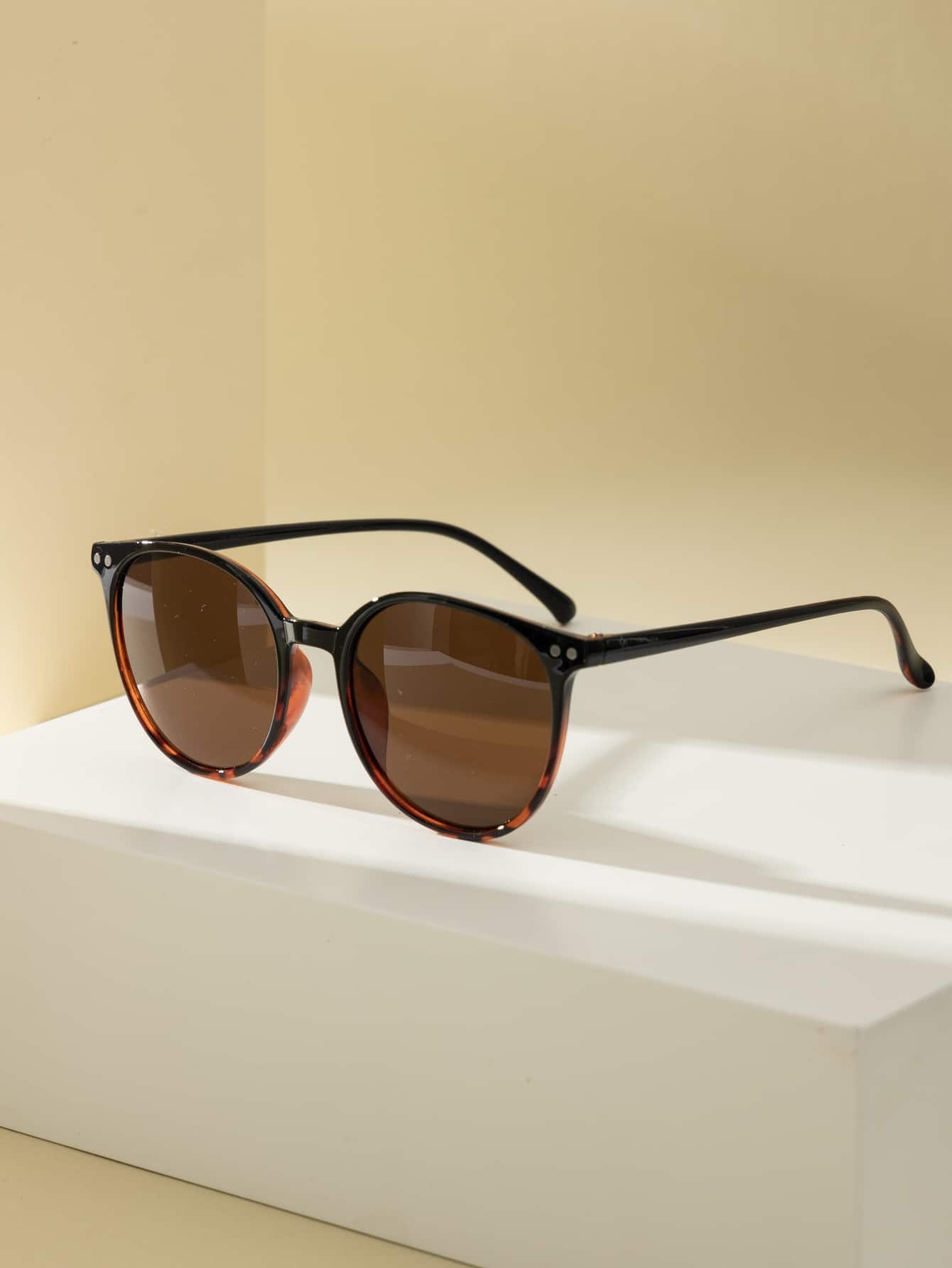 女士圆框时尚眼镜透明眼镜 - 咖啡棕 - 查看 1